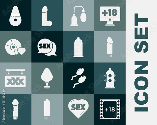 Set Play Video with 18 plus content, Condom, Dildo vibrator, Penis pump, Speech bubble Sex, Adult label compact disc, and icon. Vector