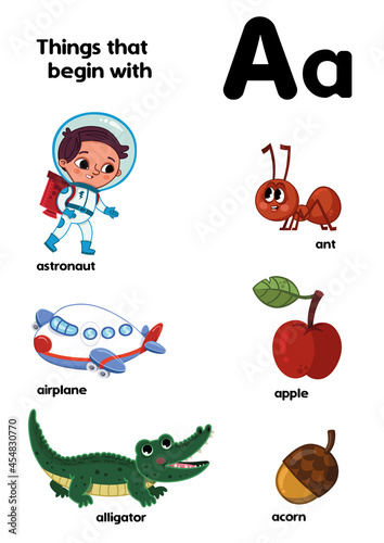 Things that start with the letter A. Vector illustration.
