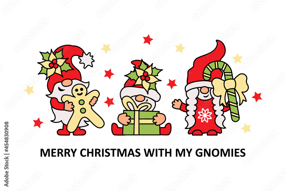 Christmas gnomes with gingerbread man, gift box and candy cane are on white background. Vector illustration.