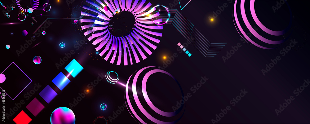 Dark retro futuristic art neon abstraction background cosmos new art 3d starry sky glowing galaxy and planets blue circles Dark retro futuristic art neon abstraction background cosmos new art 3d starry sky glowing galaxy and planets blue circles