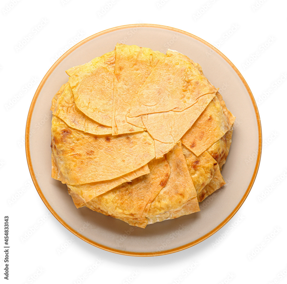 Plate with tasty Shah Pilaf on white background Plate with tasty Shah Pilaf on white background