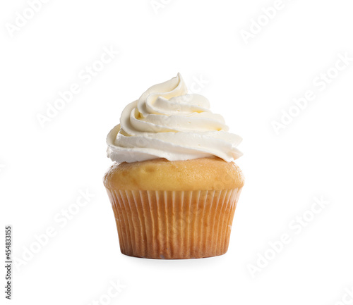 Delicious cupcake decorated with cream isolated on white