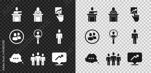 Set Speaker, Team leader, Speech bubble chat, Users group, Graph, schedule, chart, Project team base and Search people icon. Vector photo
