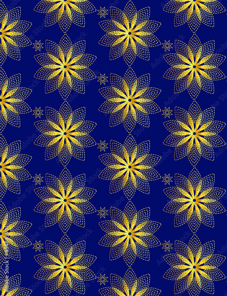 A pattern of Golden dotted flower on dark Azure color A pattern of Golden dotted flower on dark Azure color