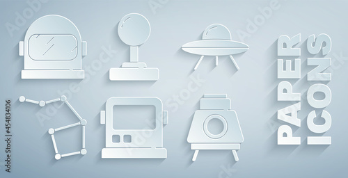 Set Astronaut helmet, UFO flying spaceship, Great Bear constellation, Mars rover, Joystick and icon. Vector