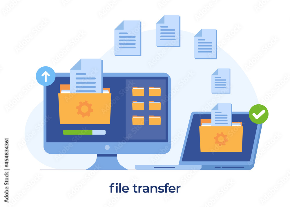 file transfer concept, backup data, document save on storage, technology cloud, upload and download, flat illustration vector template - obrazy, fototapety, plakaty 
