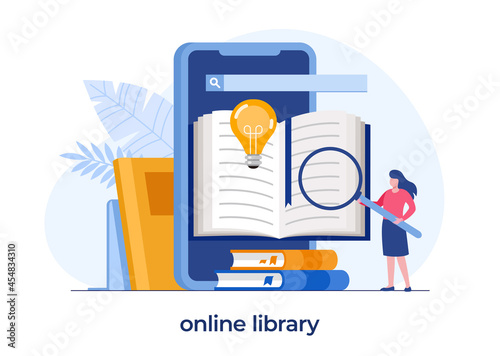 online library for education, online reference concept, book, literature or elearning, flat illustration vector