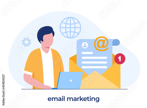 email marketing, online business strategy, advertisement, man with a laptop, flat illustration vector