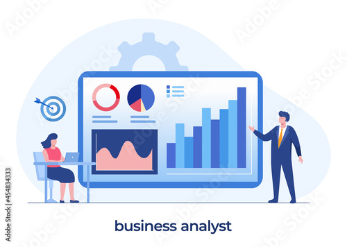 business analyst concept, manager audit, entrepreneur, teamwork, business chart and diagram, flat illustration vector template