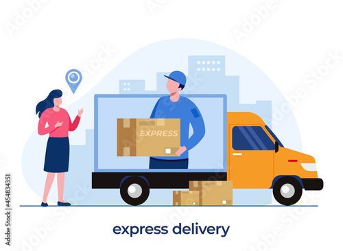 delivery services concept, online delivery application, deliveryman, shipping, flat illustration vector