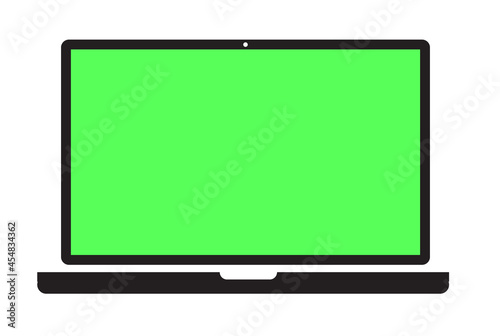 laptop computer with green screen on white background. Open Laptop with green blank screen. flat style.