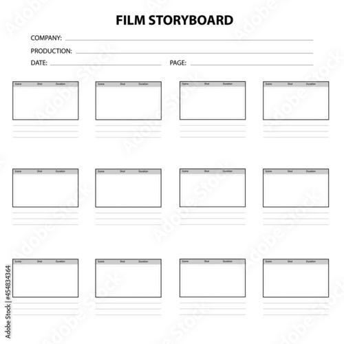 Professional film storyboard on white background. Scenario for media production. Film storyboard template sign. flat style. photo