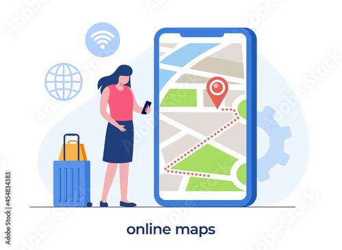 online maps technology, man with a smartphone, digital maps, navigation and direction, flat illustration vector banner