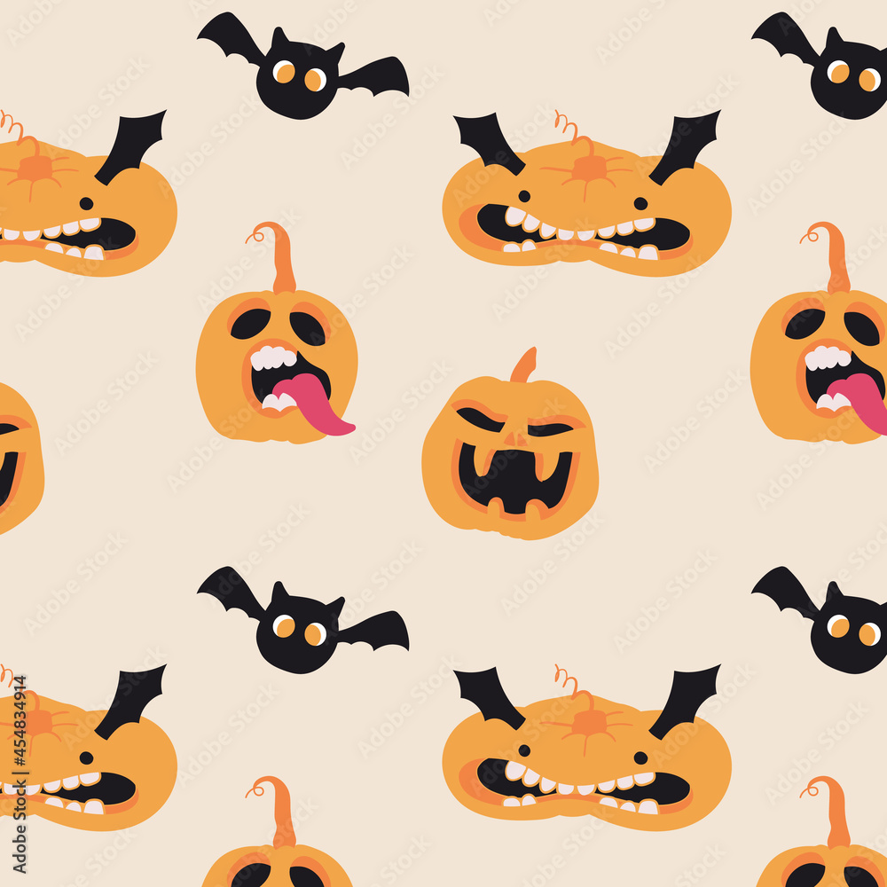Cute hand drawn halloween seamless pattern with pumpkins and bat for print and design. Vector isolated illustration in cartoon style Cute hand drawn halloween seamless pattern with pumpkins and bat for print and design. Vector isolated illustration in cartoon style