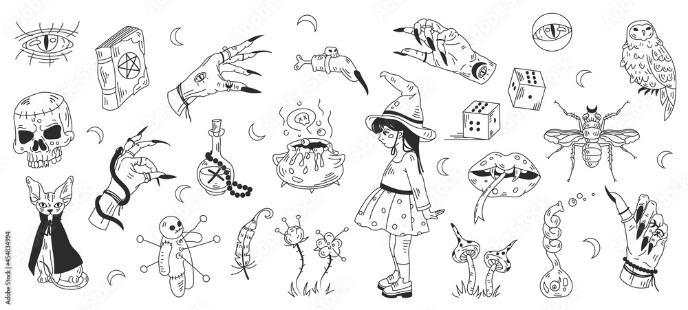 Mystical magical witchcraft elements. Big collection of decorative doodle icons for halloween. Vector line art
