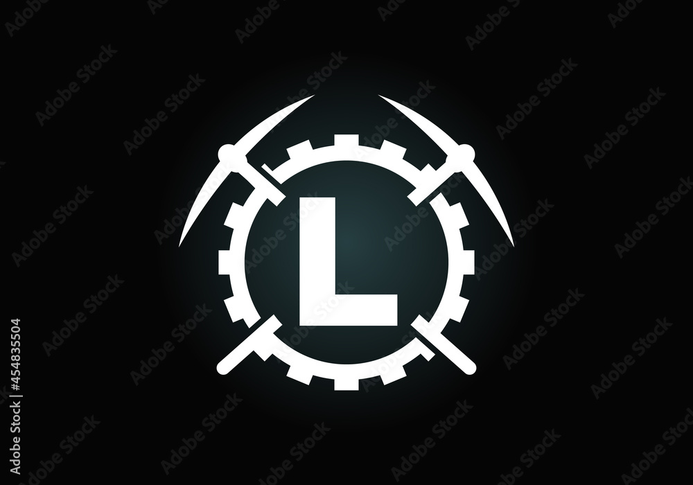 Obraz premium Initial L monogram letter alphabet with pickaxe and gear sign. Mining logo design concept. Modern vector logo for mining business and company identity.