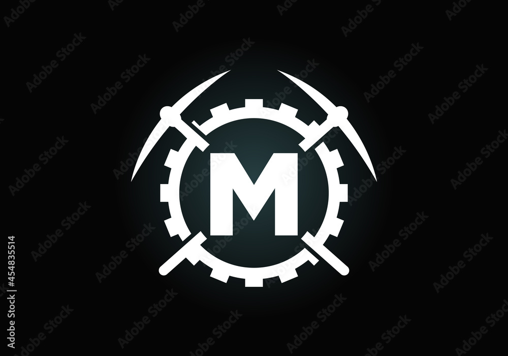 Initial M monogram letter alphabet with pickaxe and gear sign. Mining logo design concept. Modern vector logo for mining business and company identity. Initial M monogram letter alphabet with pickaxe and gear sign. Mining logo design concept. Modern vector logo for mining business and company identity.