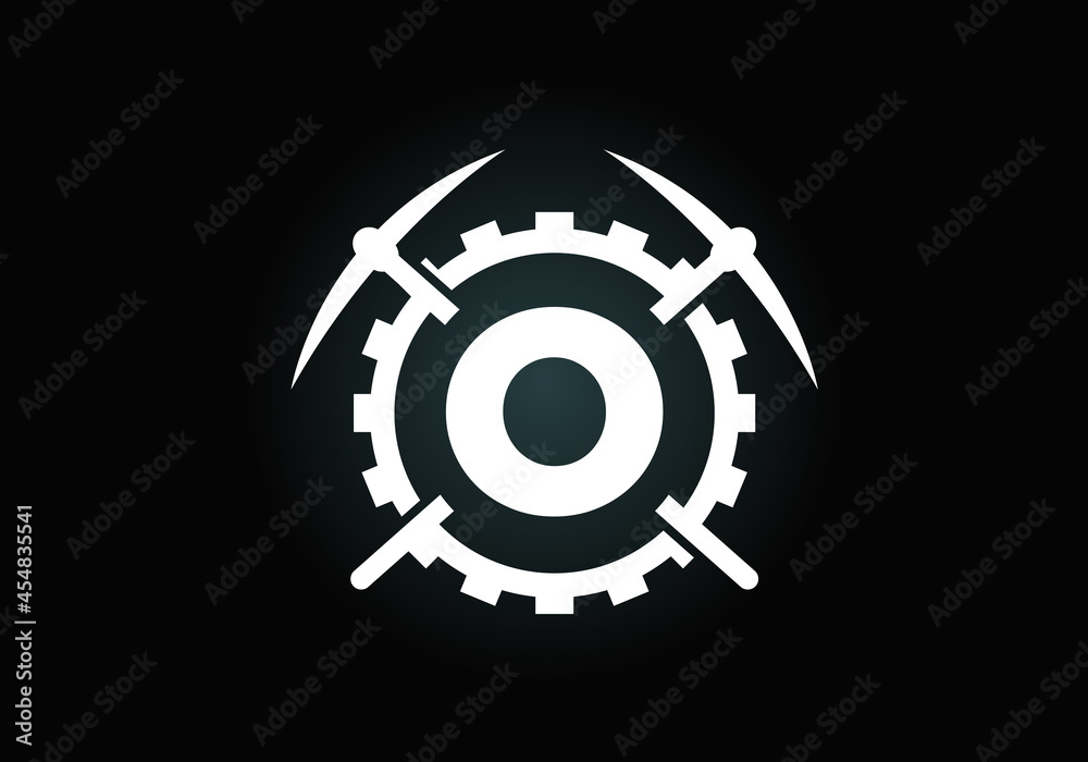 Initial O monogram letter alphabet with pickaxe and gear sign. Mining logo design concept. Modern vector logo for mining business and company identity. Initial O monogram letter alphabet with pickaxe and gear sign. Mining logo design concept. Modern vector logo for mining business and company identity.