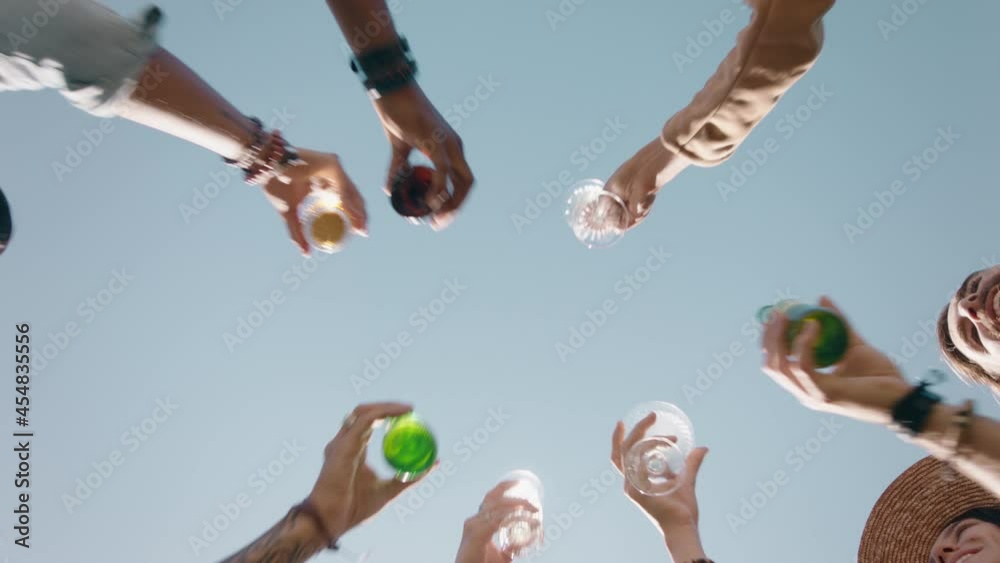 happy group of friends making toast celebrating friendship reunion drinking enjoying weekend gathering having fun party celebration relaxing on summer day view from below 4k 