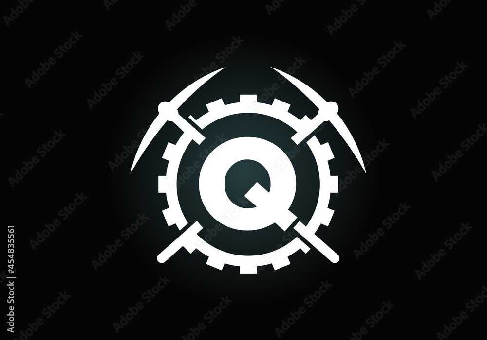 Initial Q monogram letter alphabet with pickaxe and gear sign. Mining logo design concept. Modern vector logo for mining business and company identity. Initial Q monogram letter alphabet with pickaxe and gear sign. Mining logo design concept. Modern vector logo for mining business and company identity.