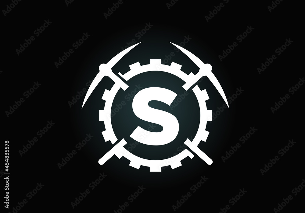 Initial S monogram letter alphabet with pickaxe and gear sign. Mining logo design concept. Modern vector logo for mining business and company identity. Initial S monogram letter alphabet with pickaxe and gear sign. Mining logo design concept. Modern vector logo for mining business and company identity.