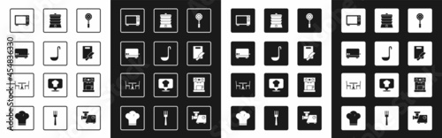 Set Spatula, Kitchen ladle, Toaster, Microwave oven, Cutting board and knife, Slow cooker, Coffee machine and Wooden table with chair icon. Vector