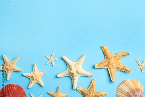 Beautiful sea stars and shells on light blue background, flat lay. Space for text