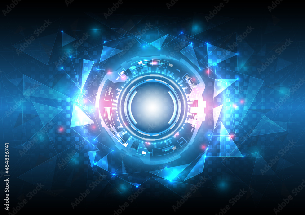 3D effect neon light. Futuristic Sci-Fi glowing HUD circle element. Abstract hi-tech background. Hologram particle of head-up display interface. Virtual reality technology of computer engineer