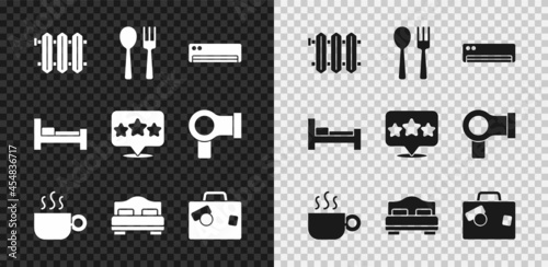 Set Heating radiator, Fork and spoon, Air conditioner, Coffee cup, Hotel room bed, Suitcase, and Five stars rating review icon. Vector