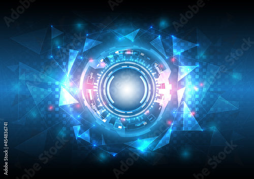 3D effect neon light. Futuristic Sci-Fi glowing HUD circle element. Abstract hi-tech background. Hologram particle of head-up display interface. Virtual reality technology of computer engineer