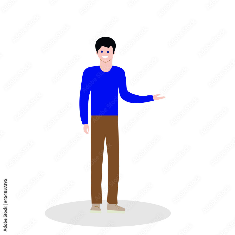 Flat design in the style of illustration. A young man is standing smiling.