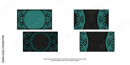 Template for print design of business cards in black with blue ornaments. Vector Business card preparation with place for your text and abstract patterns.
