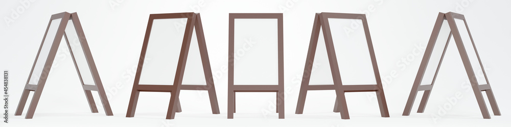 3D Rendering of blank standing board rotate in many angles isolated on white background template for commercial design. 3D Render. 3D illustration. 3D Rendering of blank standing board rotate in many angles isolated on white background template for commercial design. 3D Render. 3D illustration.