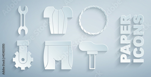 Set Cycling shorts, Bicycle wheel, Derailleur bicycle rear, seat, t-shirt and Wrench spanner icon. Vector