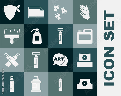 Set Spray can nozzle cap, Paint, gouache, jar, dye, Marker pen attachment, spray gun, brush, Vandal and icon. Vector