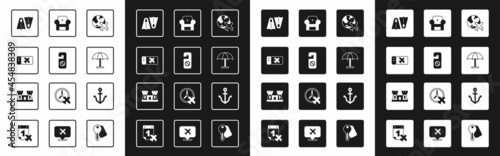 Set Globe with flying plane, Please do not disturb, Airline ticket, Rubber flippers for swimming, Sun protective umbrella, Armchair, Anchor and Sand castle icon. Vector
