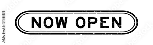 Grunge black now open word rubber seal stamp on white background