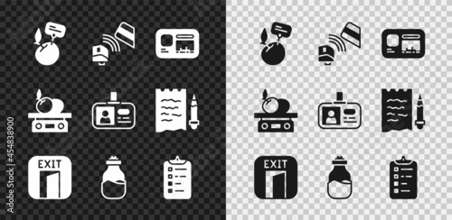 Set Supermarket food products with price label, POS terminal credit card, Identification badge, Fire exit, Spice can, Shopping list, Electronic scales for and icon. Vector