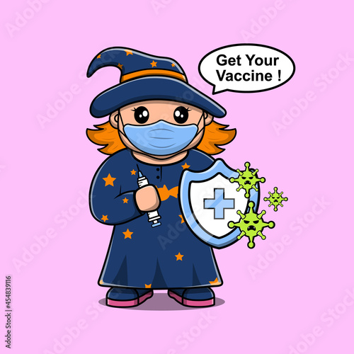 Witch Vaccination concept design. Time to vaccinate Mascot. Syringe with vaccine for Virus on Halloween Themed.