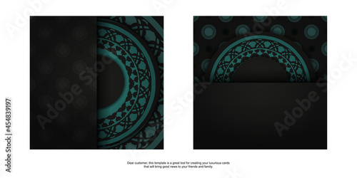 Luxurious design of postcard in black color with blue greek ornaments. Invitation card design with space for your text and abstract patterns.