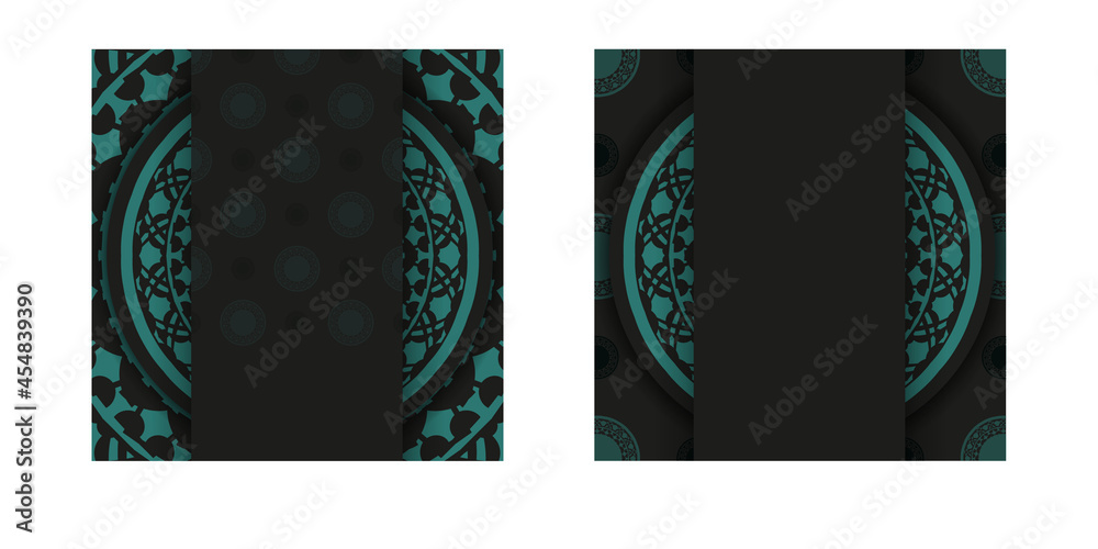 Luxurious Template for print design postcards in black color with blue Greek patterns. Vector Preparation of invitation card with place for your text and abstract ornament. Luxurious Template for print design postcards in black color with blue Greek patterns. Vector Preparation of invitation card with place for your text and abstract ornament.