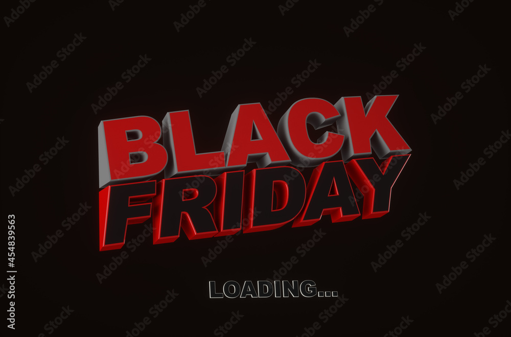 Fototapeta premium Black Friday Loading. Dark background red text lettering. Horizontal banner, poster, header website. 3D Render.