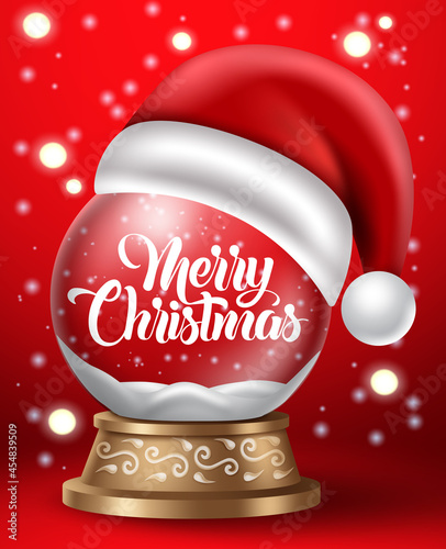 Christmas crystal ball vector design. Merry christmas text in snow globe element with santa claus hat for xmas winter holiday season background. Vector illustration.
