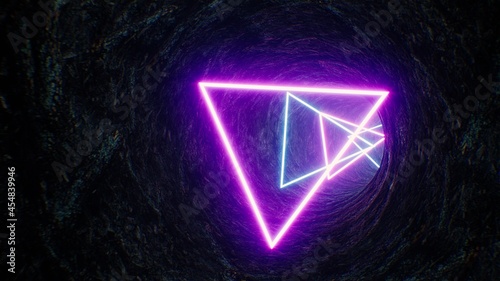 Neon Triangle Shape Light in the Cave Tunnel 3D Rendering