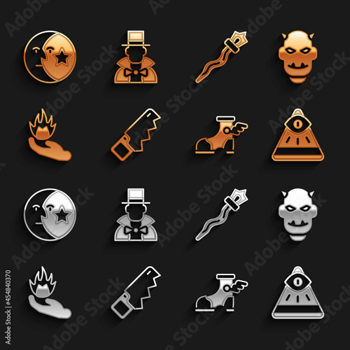 Set Hand saw, Mask of the devil with horns, Masons, Hermes sandal, holding fire, Magic staff, Moon stars and Magician icon. Vector