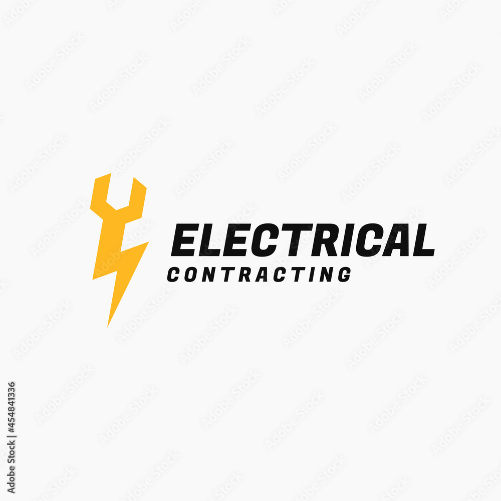 Electrical Contracting logo design. Combination of Lightning symbol with Open end Wrench, for Electrician, Repairman, Electric Technician, Electrical Service Business logo design Electrical Contracting logo design. Combination of Lightning symbol with Open end Wrench, for Electrician, Repairman, Electric Technician, Electrical Service Business logo design