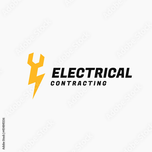 Electrical Contracting logo design. Combination of Lightning symbol with Open end Wrench, for Electrician, Repairman, Electric Technician, Electrical Service Business logo design