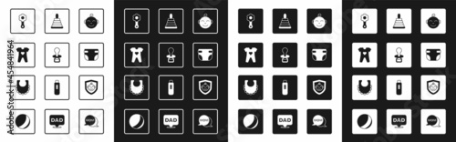 Set Little boy head, Baby dummy pacifier, clothes, Rattle baby toy, diaper, Pyramid, on shield and bib icon. Vector