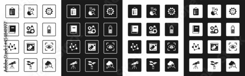 Set Virus, Timing belt kit, Science book, To do list or planning, Battery, Test tube, Eye scan and Chemical formula icon. Vector