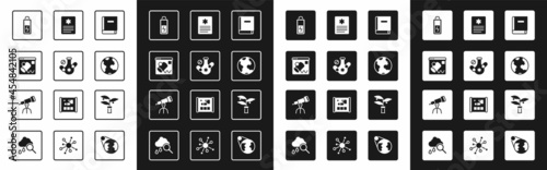 Set Science book, Medicine pill, Data visualisation, Battery, Earth globe, Patient record, Plant breeding and Telescope icon. Vector